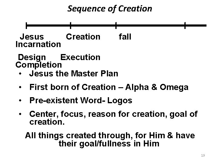 Sequence of Creation Jesus Creation Incarnation fall Design Execution Completion • Jesus the Master