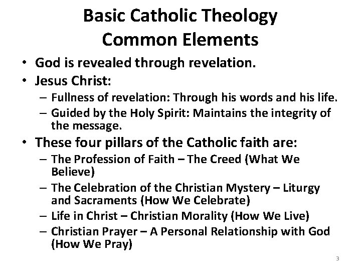 Basic Catholic Theology Common Elements • God is revealed through revelation. • Jesus Christ: