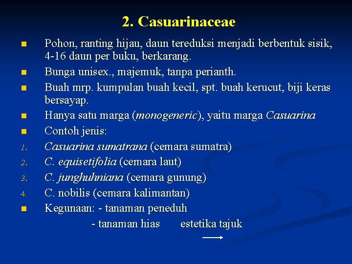 2. Casuarinaceae n n n 1. 2. 3. 4. n Pohon, ranting hijau, daun