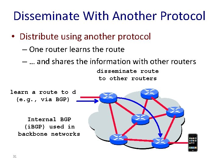 Disseminate With Another Protocol • Distribute using another protocol – One router learns the