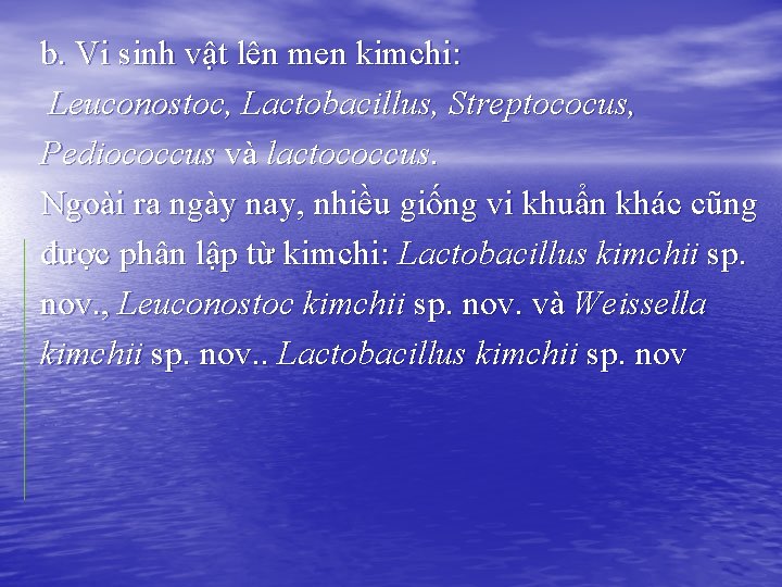 b. Vi sinh vật lên men kimchi: Leuconostoc, Lactobacillus, Streptococus, Pediococcus và lactococcus. Ngoài