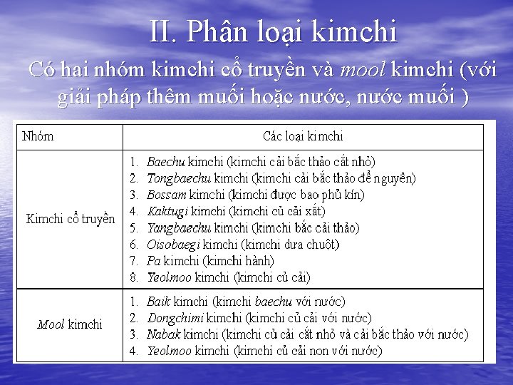 II. Phân loại kimchi Có hai nhóm kimchi cổ truyền và mool kimchi (với