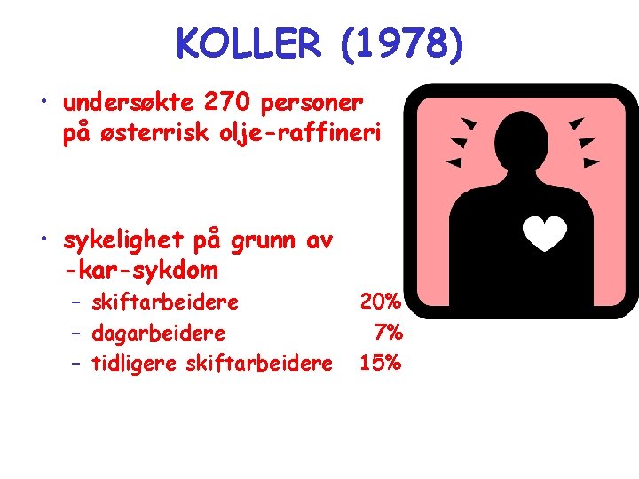 KOLLER (1978) • undersøkte 270 personer på østerrisk olje-raffineri • sykelighet på grunn av