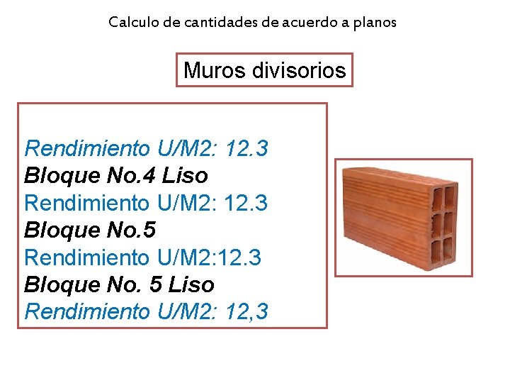 Calculo de cantidades de acuerdo a planos Muros divisorios Bloque No. 4 Rendimiento U/M