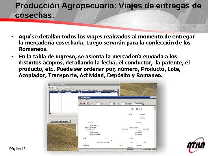 Producción Agropecuaria: Viajes de entregas de cosechas. § § Aquí se detallan todos los