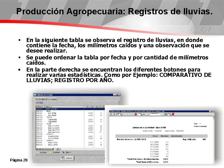 Producción Agropecuaria: Registros de lluvias. § § • En la siguiente tabla se observa