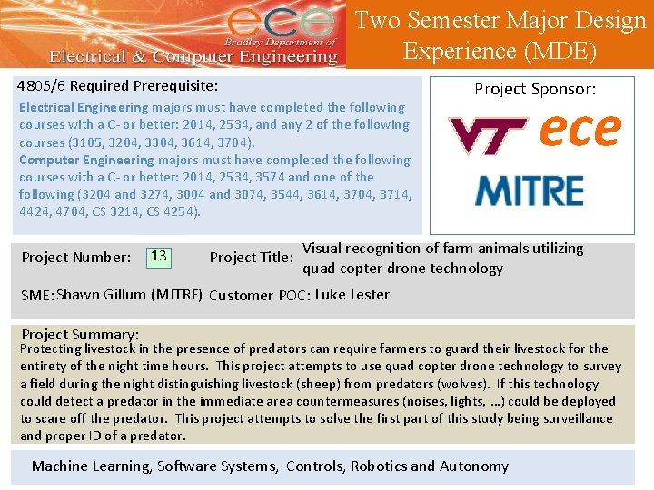 Two Semester Major Design Experience (MDE) 4805/6 Required Prerequisite: Electrical Engineering majors must have