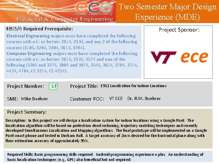 Two Semester Major Design Experience (MDE) 4805/6 Required Prerequisite: Electrical Engineering majors must have