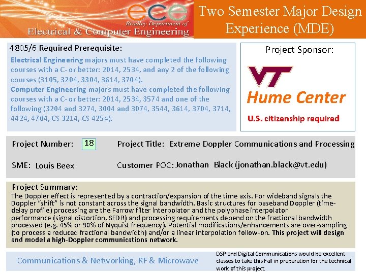 Two Semester Major Design Experience (MDE) 4805/6 Required Prerequisite: Electrical Engineering majors must have