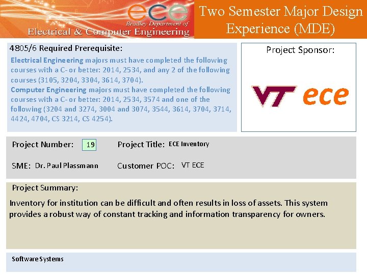 Two Semester Major Design Experience (MDE) 4805/6 Required Prerequisite: Electrical Engineering majors must have