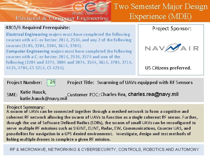 Two Semester Major Design Experience (MDE) 4805/6 Required Prerequisite: Electrical Engineering majors must have