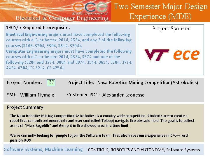 Two Semester Major Design Experience (MDE) 4805/6 Required Prerequisite: Electrical Engineering majors must have