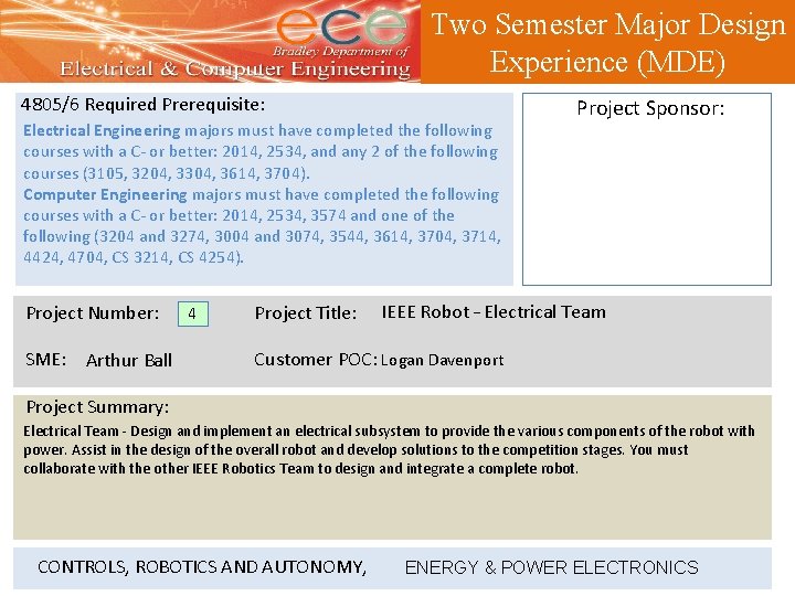 Two Semester Major Design Experience (MDE) 4805/6 Required Prerequisite: Electrical Engineering majors must have