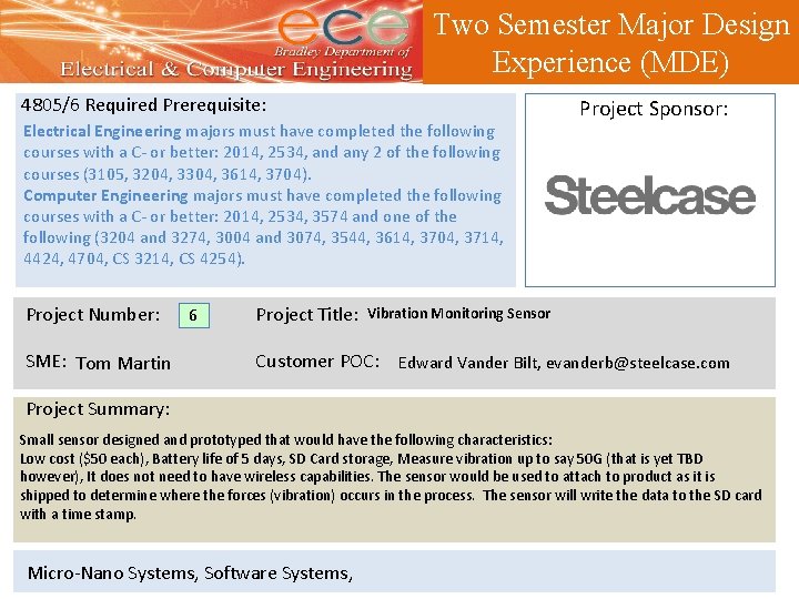 Two Semester Major Design Experience (MDE) 4805/6 Required Prerequisite: Electrical Engineering majors must have
