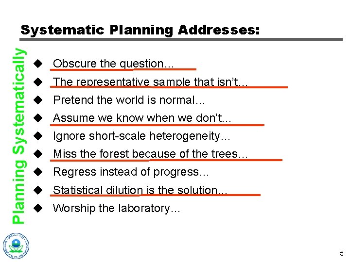 Planning Systematically Systematic Planning Addresses: u Obscure the question… u The representative sample that