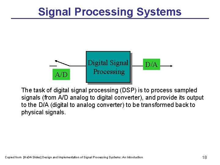 Signal Processing Systems A/D Digital Signal Processing D/A The task of digital signal processing