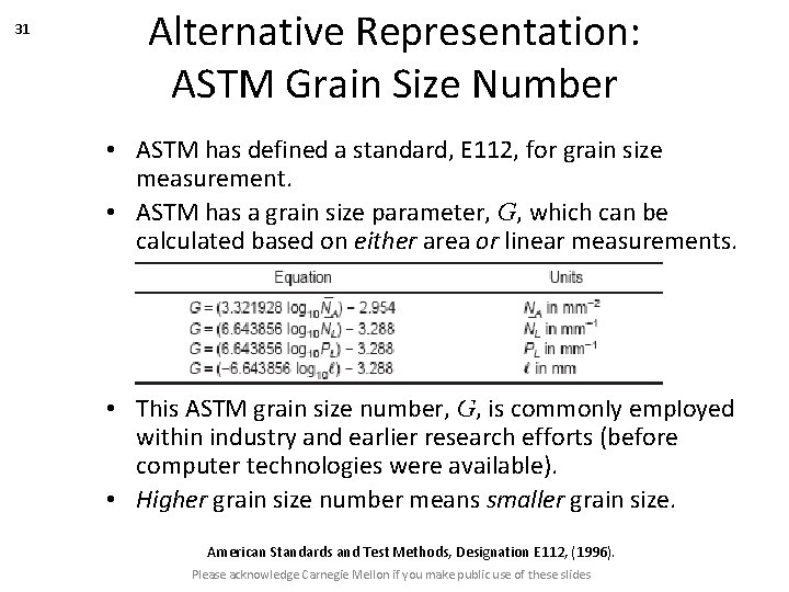 31 Alternative Representation: ASTM Grain Size Number • ASTM has defined a standard, E