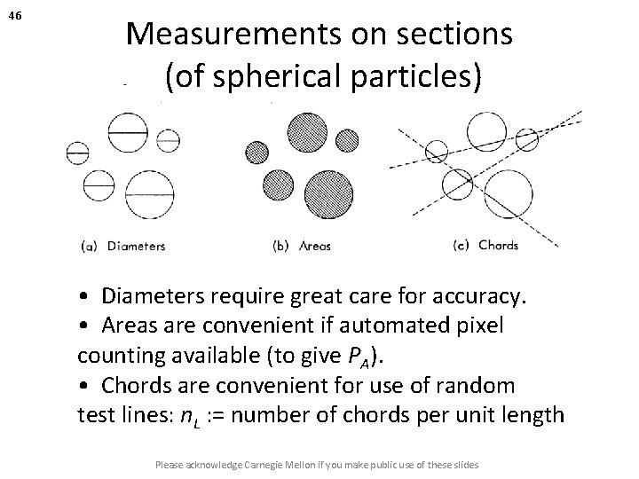 46 Measurements on sections (of spherical particles) • Diameters require great care for accuracy.