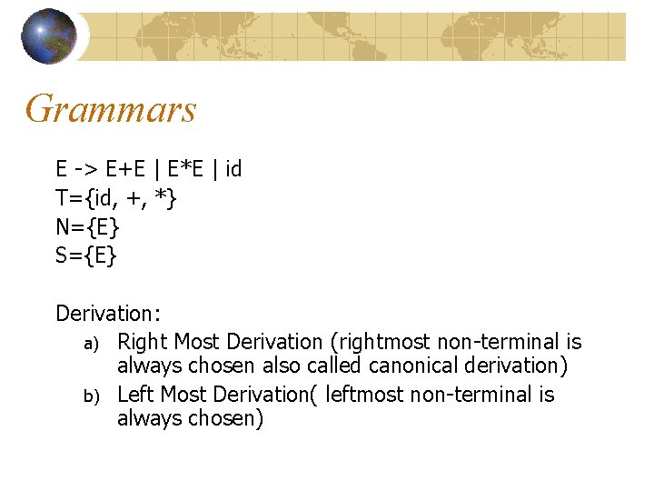Grammars E -> E+E | E*E | id T={id, +, *} N={E} S={E} Derivation: Grammars E -> E+E | E*E | id T={id, +, *} N={E} S={E} Derivation: