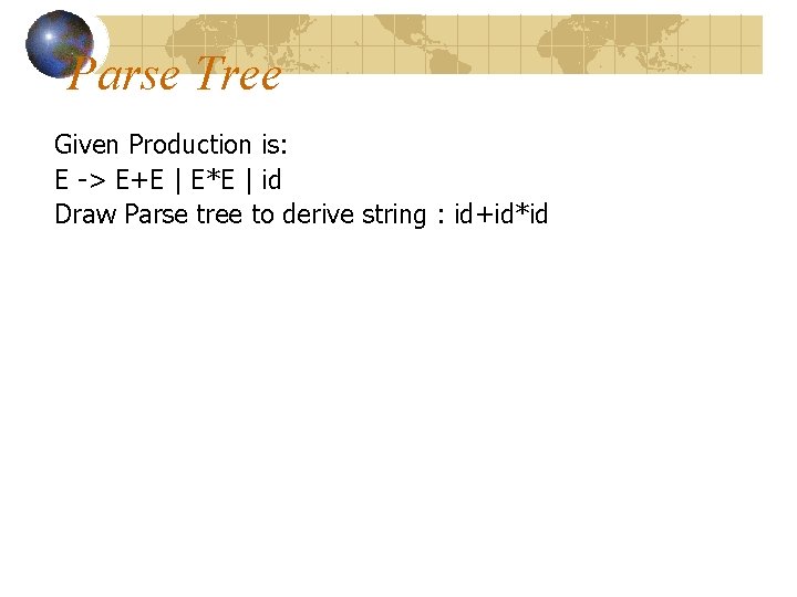 Parse Tree Given Production is: E -> E+E | E*E | id Draw Parse Parse Tree Given Production is: E -> E+E | E*E | id Draw Parse
