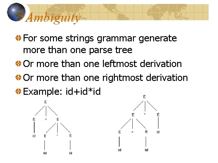 Ambiguity For some strings grammar generate more than one parse tree Or more than Ambiguity For some strings grammar generate more than one parse tree Or more than