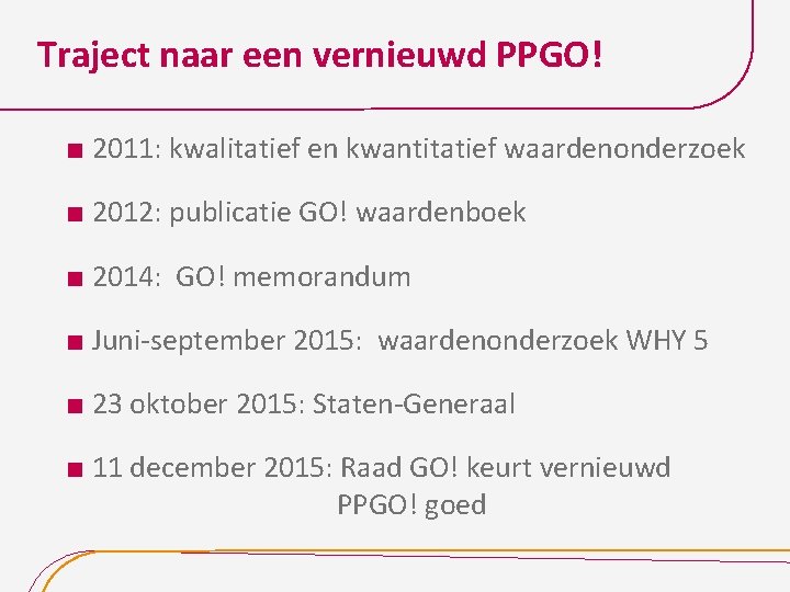 Traject naar een vernieuwd PPGO! 2011: kwalitatief en kwantitatief waardenonderzoek 2012: publicatie GO! waardenboek