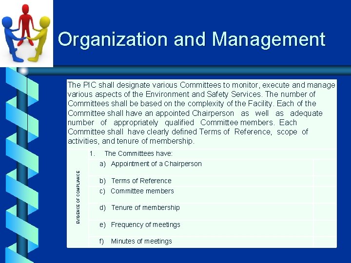 Organization and Management The PIC shall designate various Committees to monitor, execute and manage