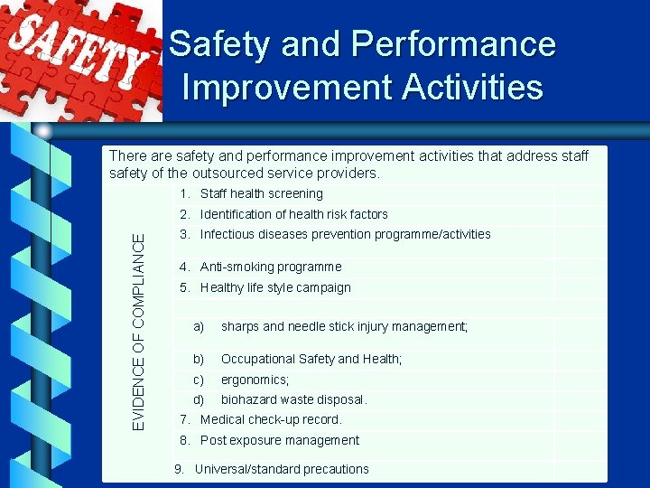 Safety and Performance Improvement Activities There are safety and performance improvement activities that address