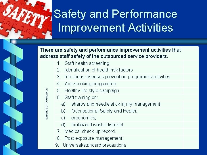 Safety and Performance Improvement Activities EVIDENCE OF COMPLIANCE There are safety and performance improvement