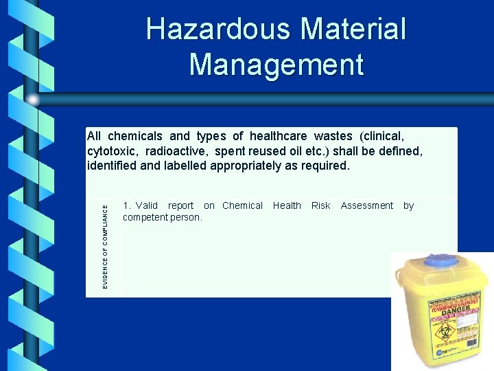 Hazardous Material Management EVIDENCE OF COMPLIANCE All chemicals and types of healthcare wastes (clinical,