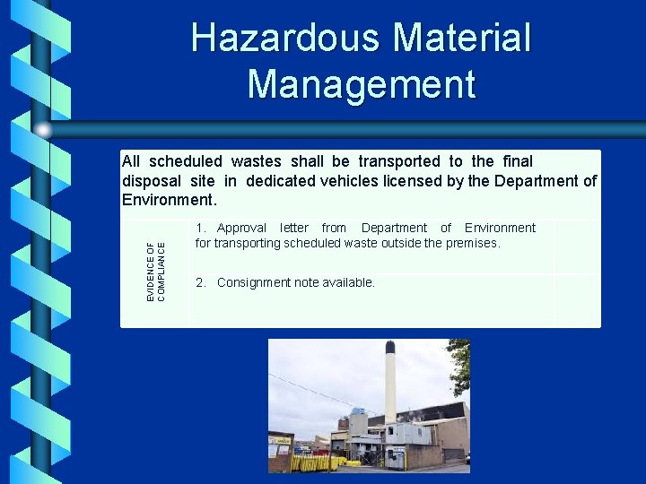 Hazardous Material Management EVIDENCE OF COMPLIANCE All scheduled wastes shall be transported to the