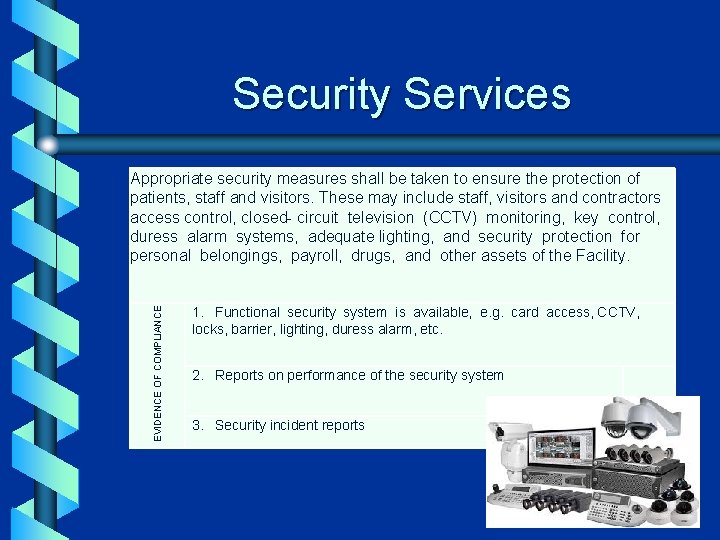 Security Services EVIDENCE OF COMPLIANCE Appropriate security measures shall be taken to ensure the