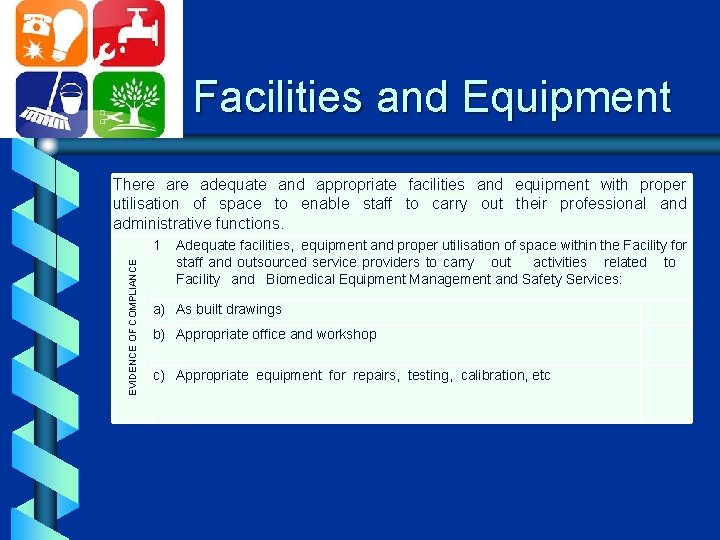 Facilities and Equipment There adequate and appropriate facilities and equipment with proper utilisation of