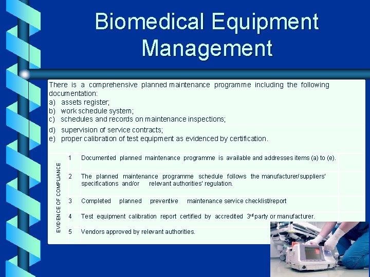 Biomedical Equipment Management There is a comprehensive planned maintenance programme including the following documentation: