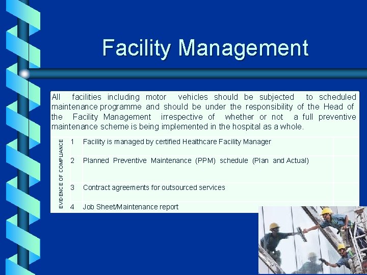 Facility Management EVIDENCE OF COMPLIANCE All facilities including motor vehicles should be subjected to