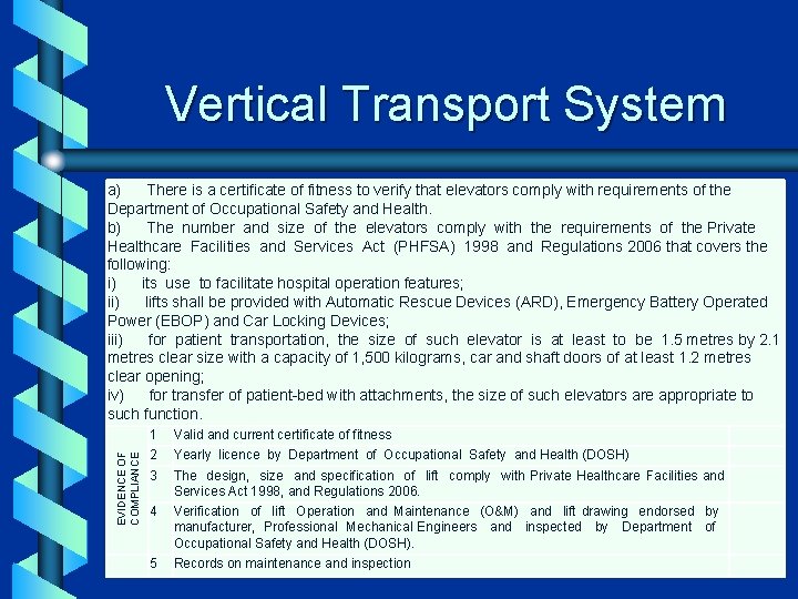 Vertical Transport System EVIDENCE OF COMPLIANCE a) There is a certificate of fitness to