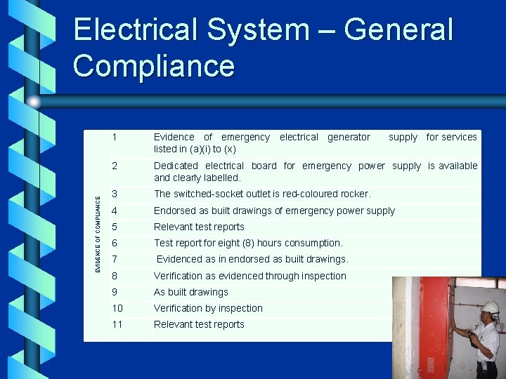 EVIDENCE OF COMPLIANCE Electrical System – General Compliance 1 Evidence of emergency electrical generator