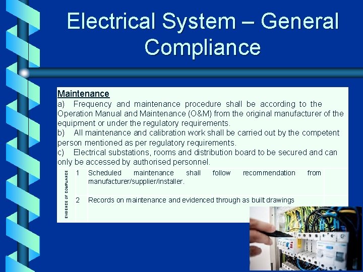 Electrical System – General Compliance Maintenance EVIDENCE OF COMPLIANCE a) Frequency and maintenance procedure
