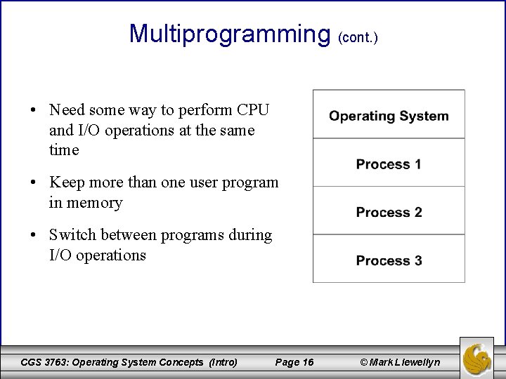 Multiprogramming (cont. ) • Need some way to perform CPU and I/O operations at