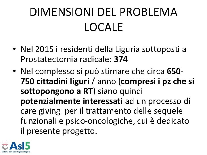 DIMENSIONI DEL PROBLEMA LOCALE • Nel 2015 i residenti della Liguria sottoposti a Prostatectomia DIMENSIONI DEL PROBLEMA LOCALE • Nel 2015 i residenti della Liguria sottoposti a Prostatectomia