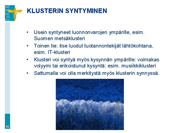 KLUSTERIN SYNTYMINEN • • 15 Usein syntyneet luonnonvarojen ympärille, esim. Suomen metsäklusteri Toinen tie: