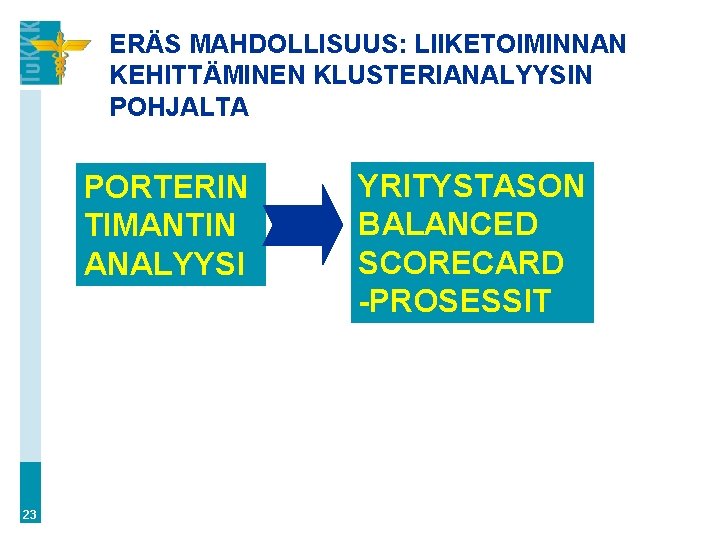 ERÄS MAHDOLLISUUS: LIIKETOIMINNAN KEHITTÄMINEN KLUSTERIANALYYSIN POHJALTA PORTERIN TIMANTIN ANALYYSI 23 YRITYSTASON BALANCED SCORECARD -PROSESSIT