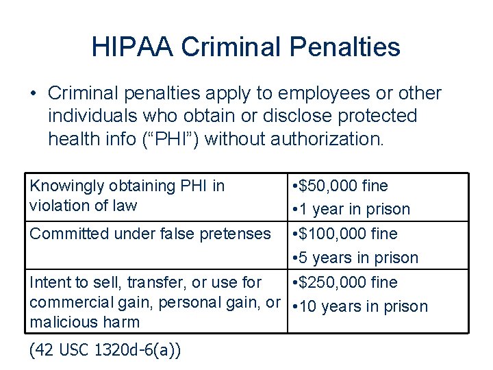 HIPAA Criminal Penalties • Criminal penalties apply to employees or other individuals who obtain