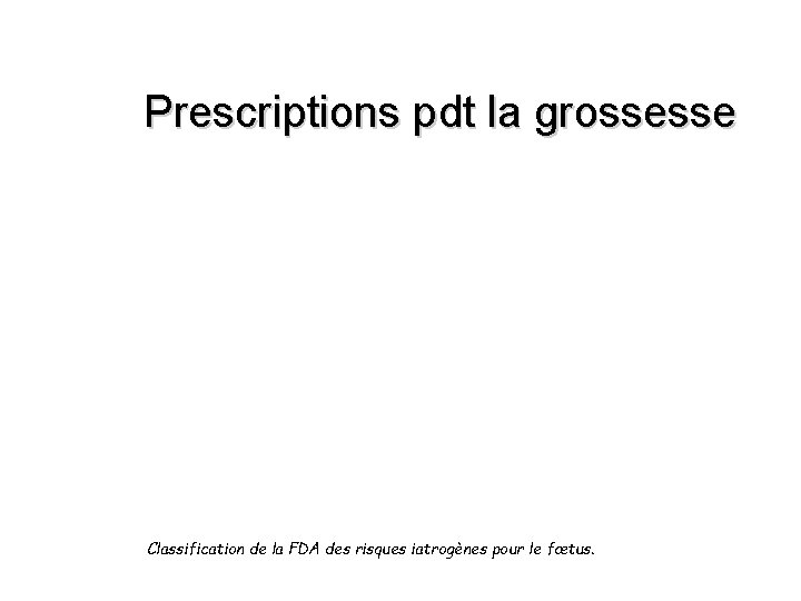 Prescriptions pdt la grossesse Classification de la FDA des risques iatrogènes pour le fœtus.