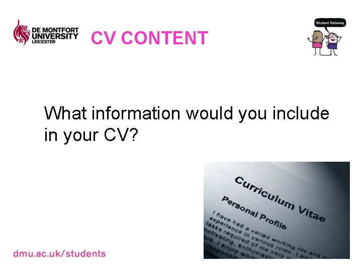CV CONTENT What information would you include in your CV? 