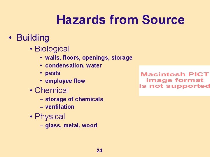 Hazards from Source • Building • Biological • • walls, floors, openings, storage condensation,