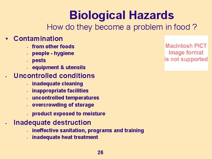 Biological Hazards How do they become a problem in food ? • Contamination •