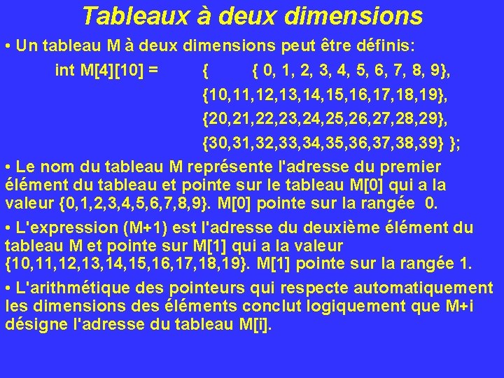 Tableaux à deux dimensions • Un tableau M à deux dimensions peut être définis: