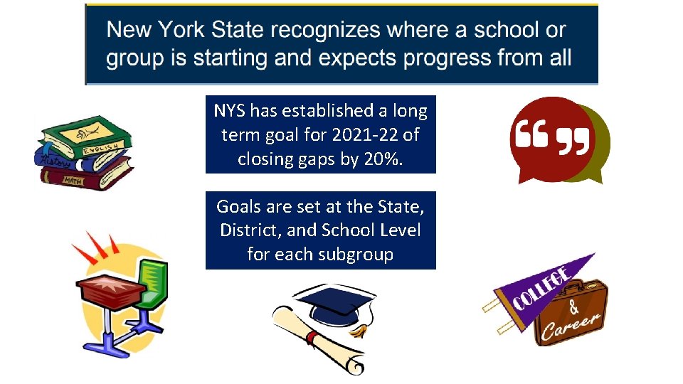 NYS has established a long term goal for 2021 -22 of closing gaps by