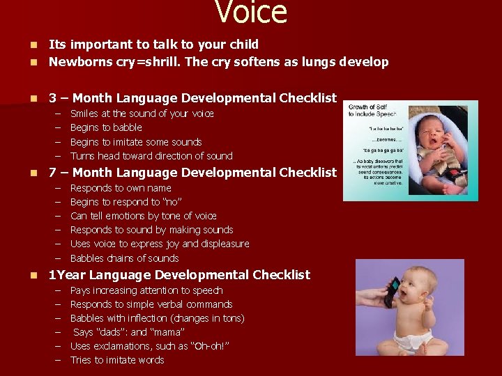 Voice Its important to talk to your child n Newborns cry=shrill. The cry softens Voice Its important to talk to your child n Newborns cry=shrill. The cry softens
